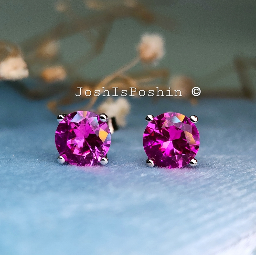 2CTW Hot Pink Sapphire Stud Earrings In Sterling Silver - Picture 3 of 9